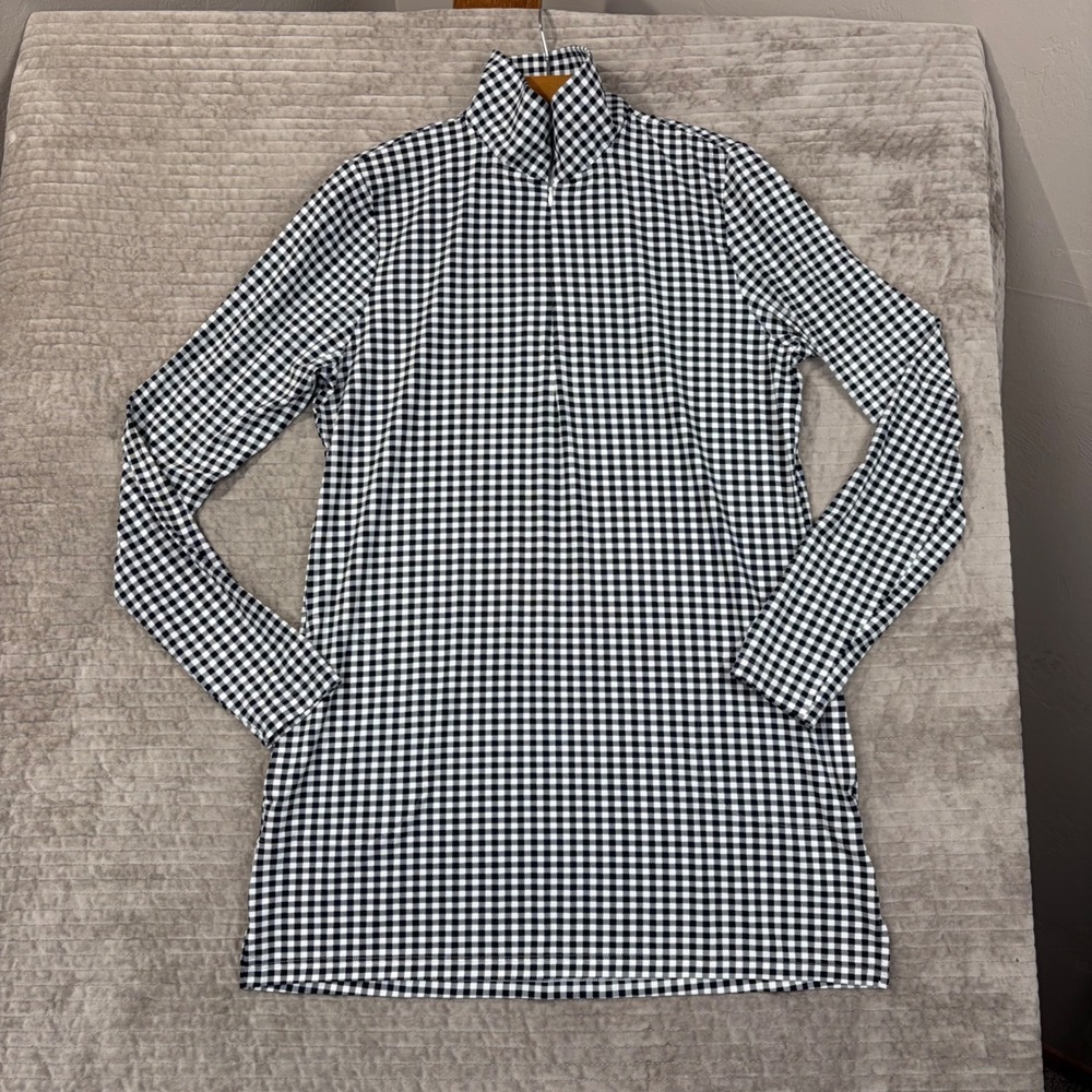 Lands End Gingham Mock Neck Quarter Zip Tunic Top Black‎ White M/L 10-12 517346